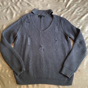 Shredded Smoky Blue V-Neck Sweater